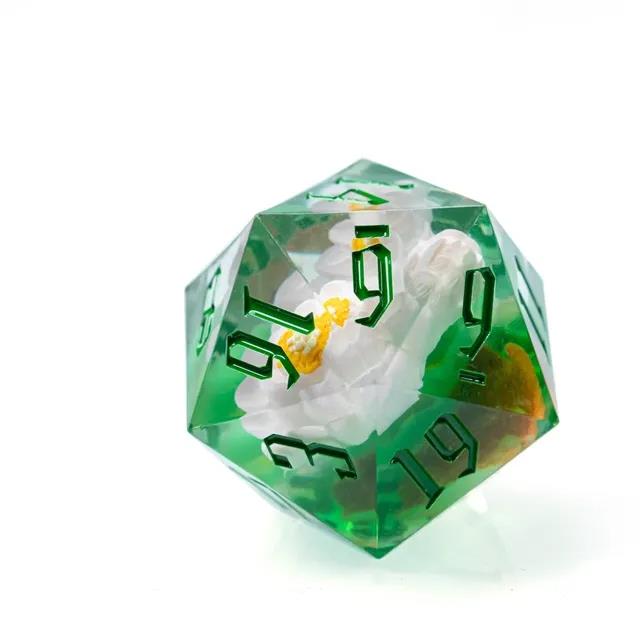 White Flower in Clear & Green Sharp Resin - D20 RPG Dice