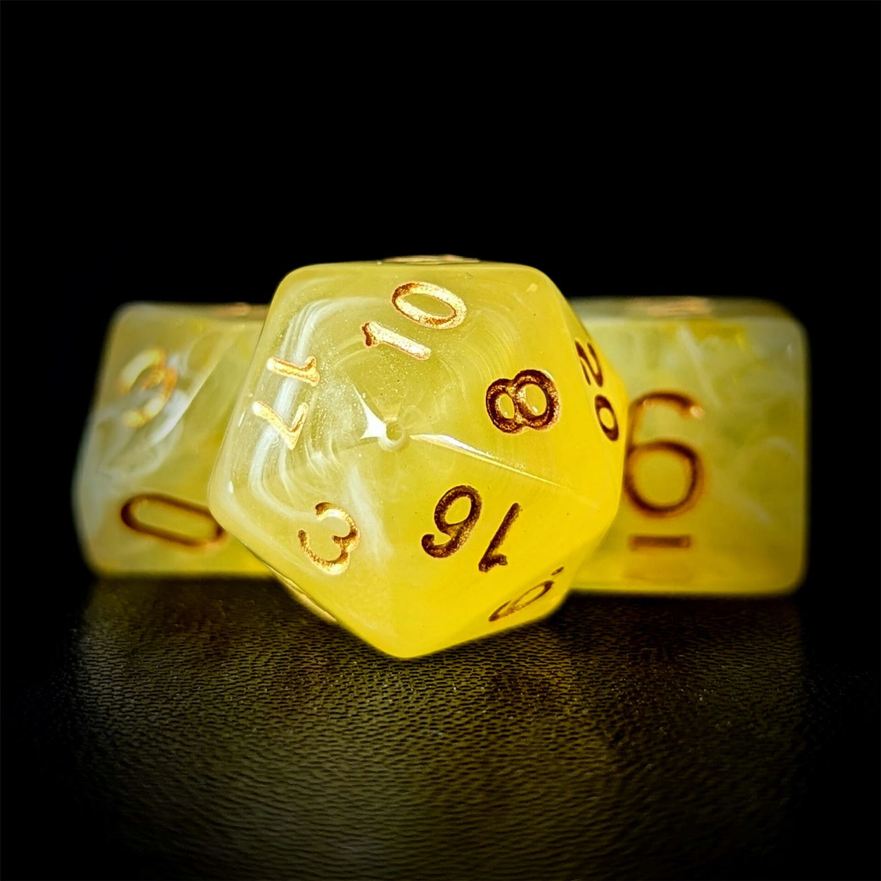 Yellow Silk Acrylic - 7pcs RPG Full Dice Set Close