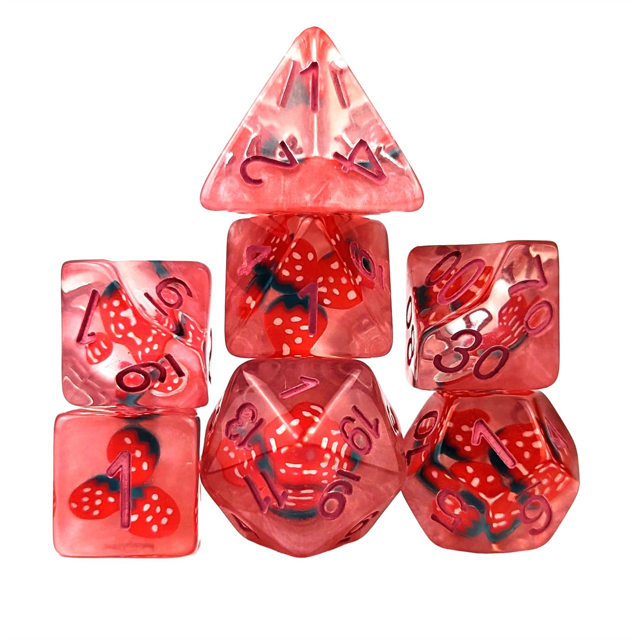 Strawberry in Clear & Pink Resin - 7pcs RPG Full Dice Set