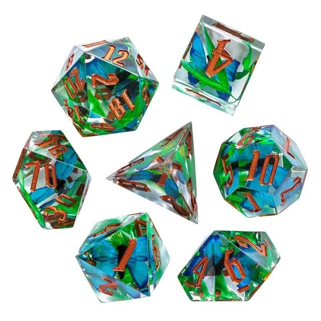 Blue Butterfly in Clear Filled Sharp Resin - 7pcs RPG Dice Set