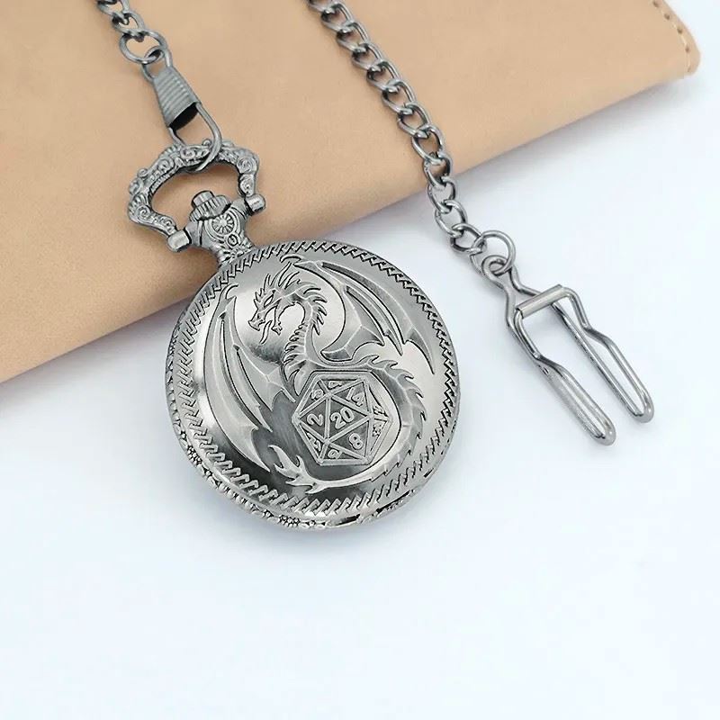 Dragon Wing on Silver Pocket Watch with Mini Dice - Pendant