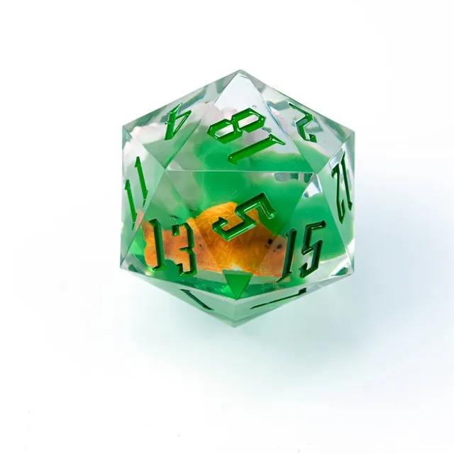 White Flower in Clear & Green Sharp Resin - D20 RPG Dice