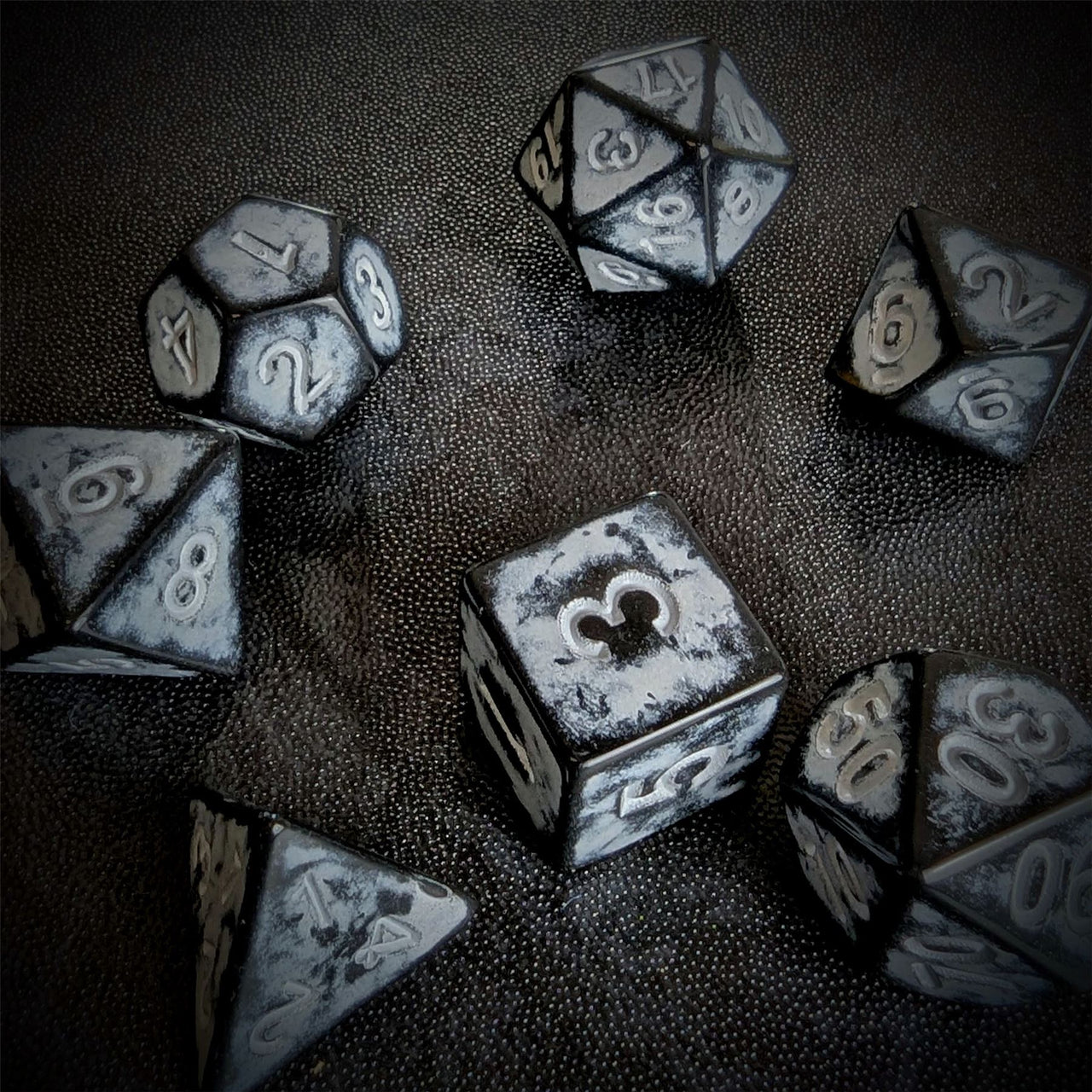 Washed White on Black Acrylic - 7pcs RPG Full Dice Set Scatter