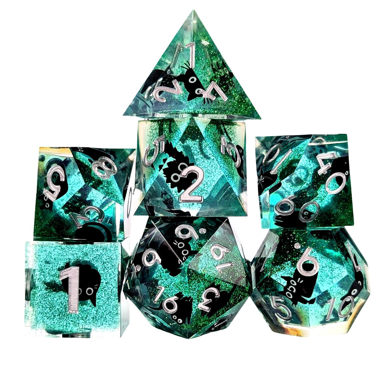 7pcs Dice Sharp Filled Liquid Cat White Font Green Clear