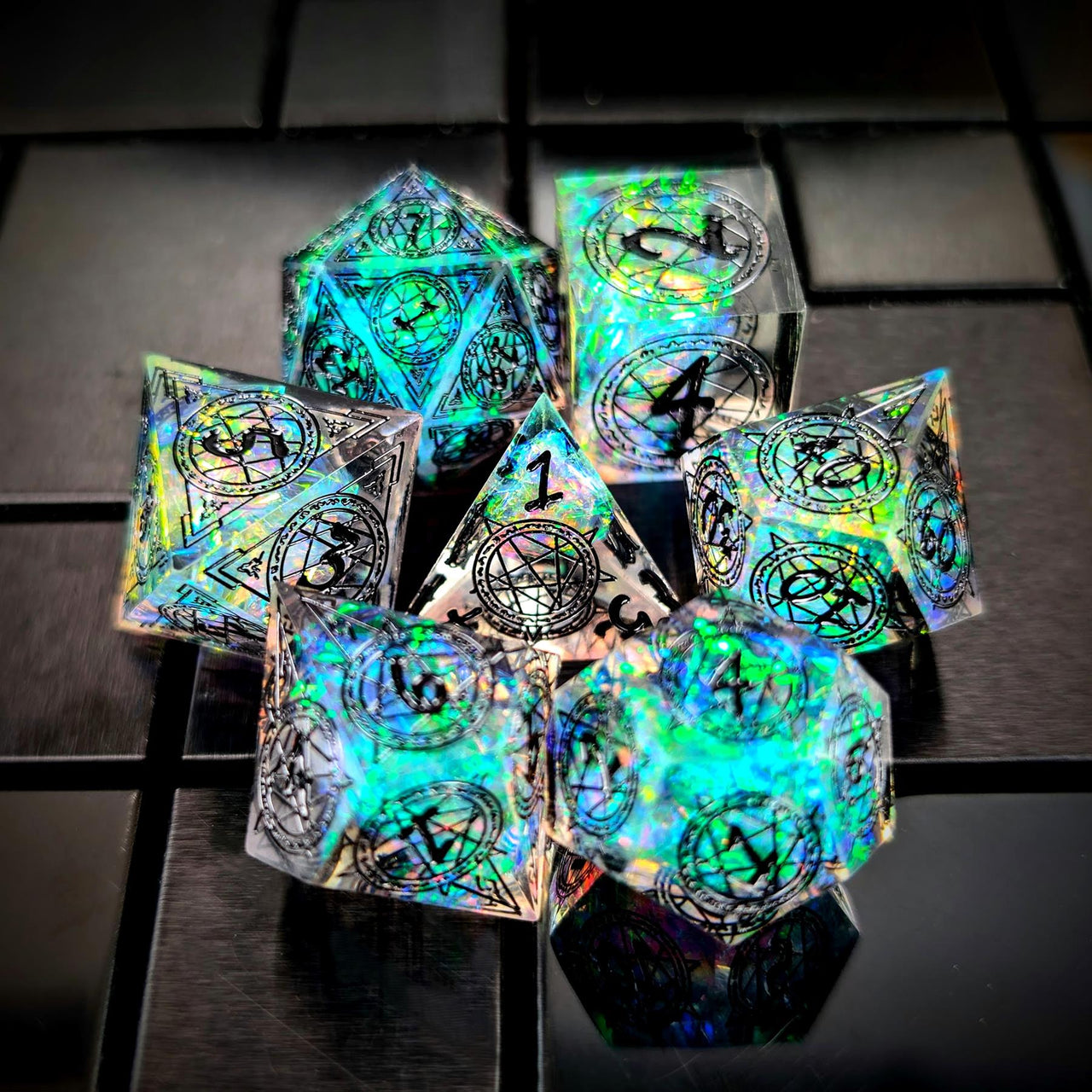 Astrology on Clear with Candy Sharp Resin - 7pcs RPG Dice Set