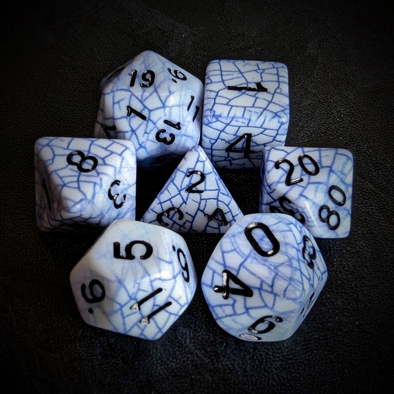 Cracked Blue on White Acrylic - 7pcs RPG Full Dice Set Top