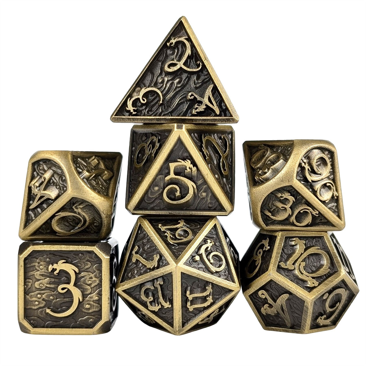 Bronze Metal with Dragon Font - 7pcs RPG Dice Set