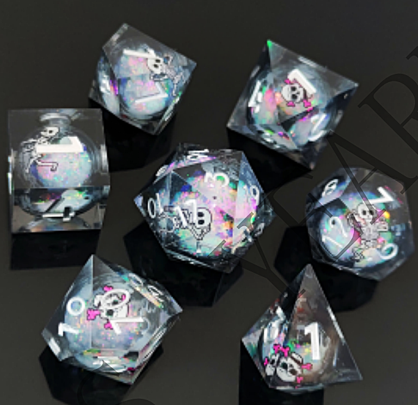 7pcs Dice Sharp Filled Liquid Skeleton White Font White Clear