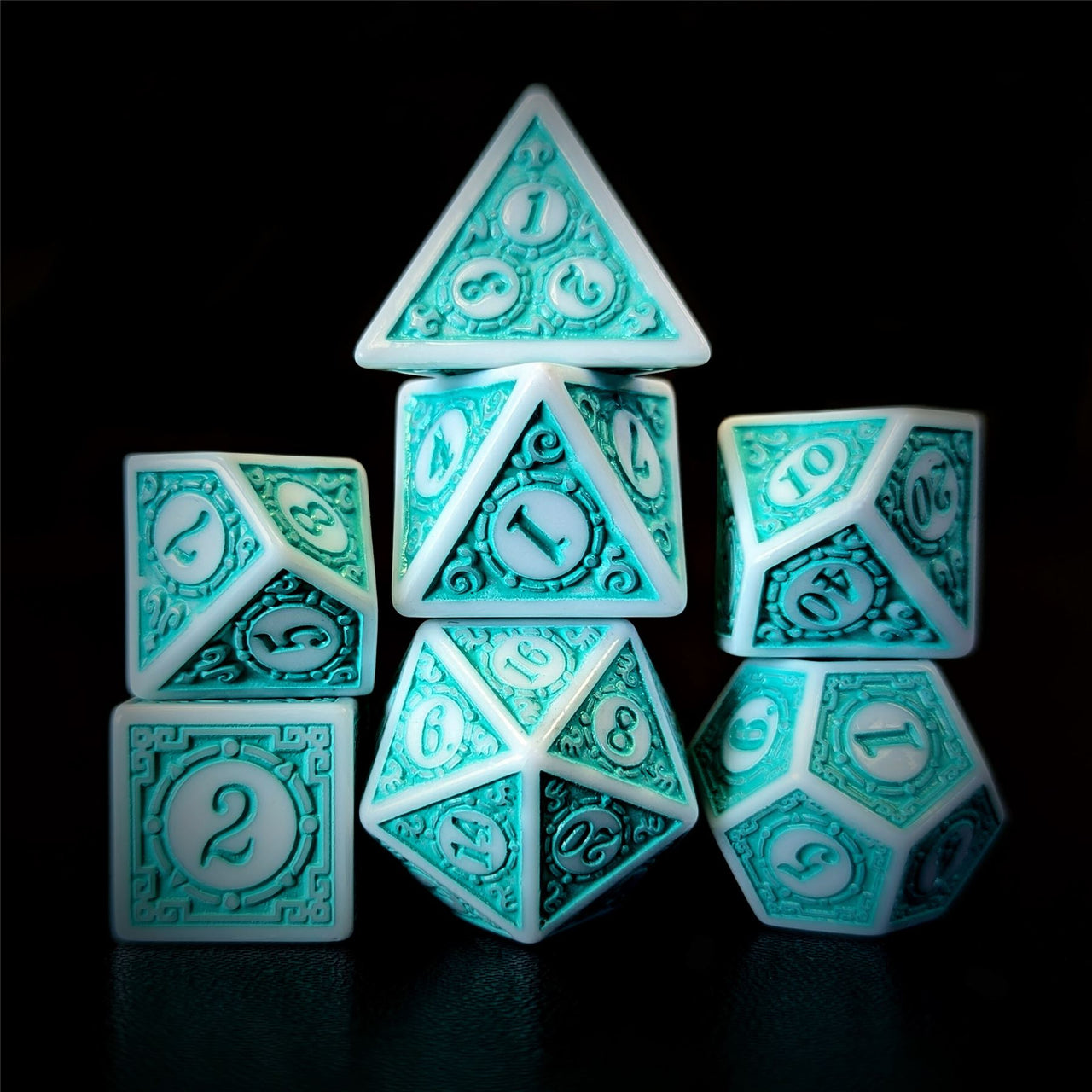 Cyan Lattice on White Acrylic - 7pcs RPG Full Dice Set Dark Stack