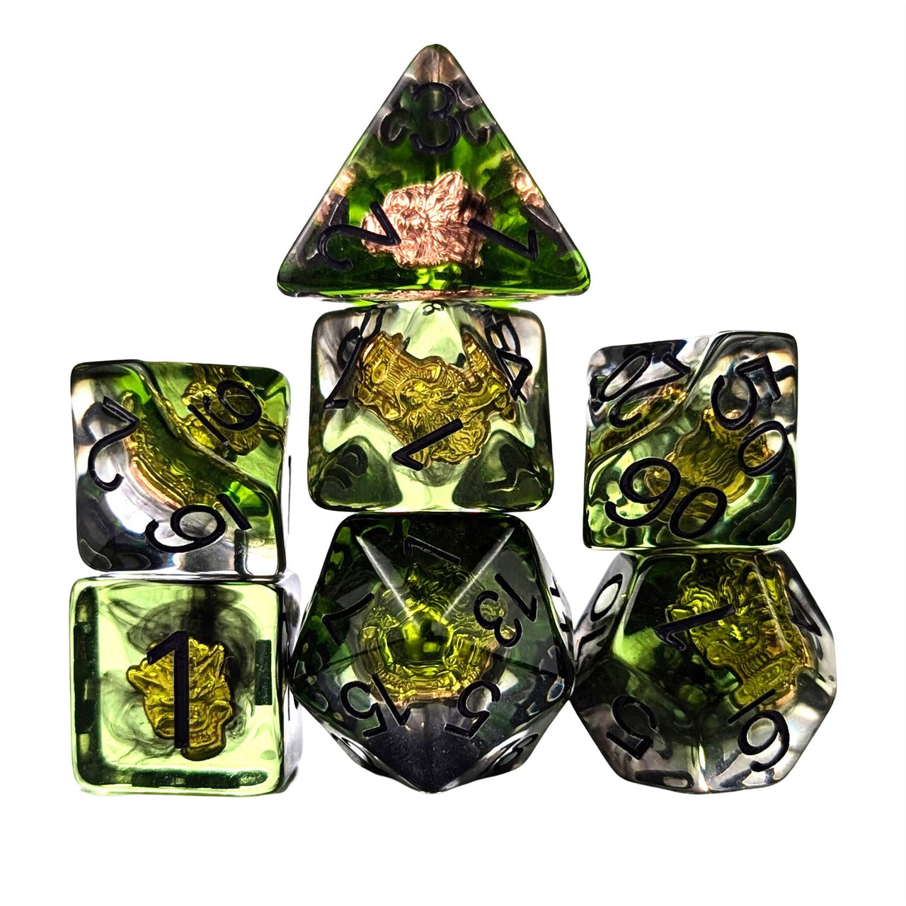 Wolf in Clear & Green Resin - 7pcs RPG Full Dice Set