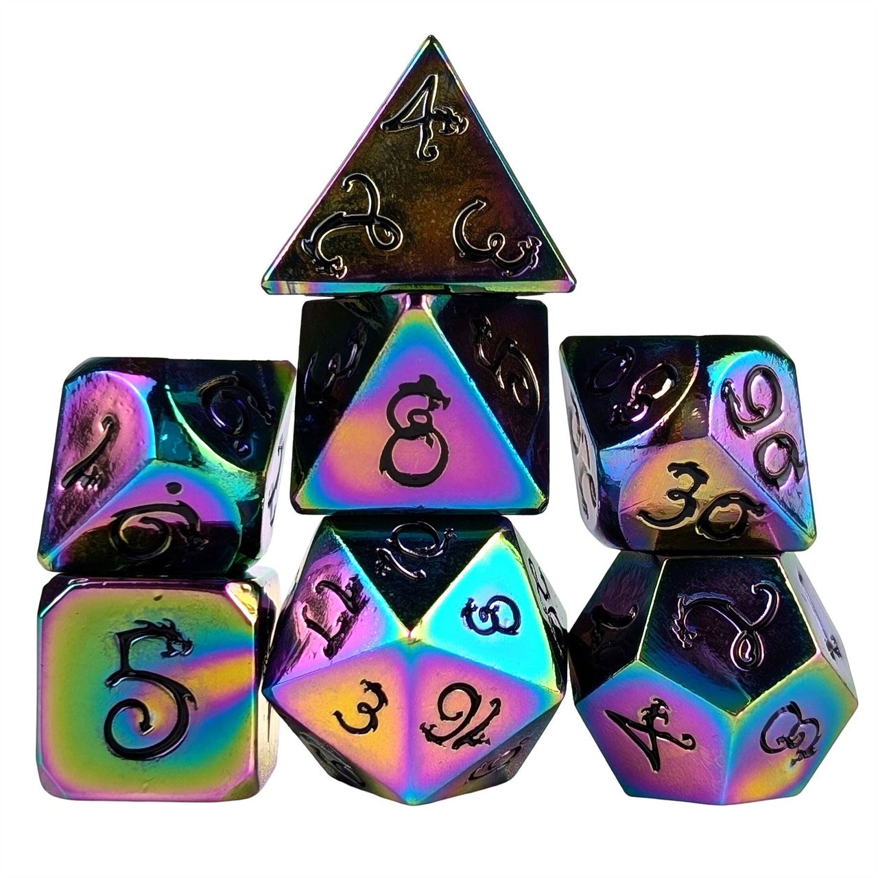 Rainbow Metal with Purple Dragon Font - 7pcs RPG Dice Set