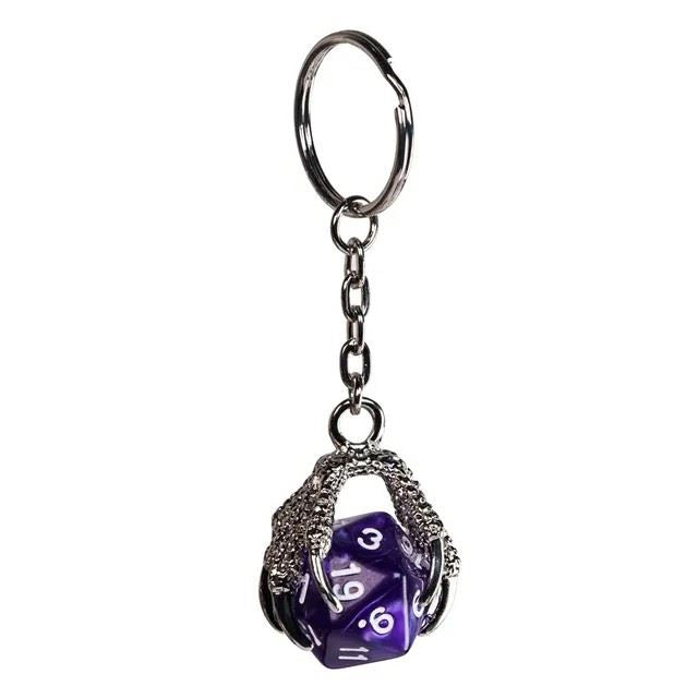 Silver & Purple Acrylic in Metal Claw - D20 Keyring