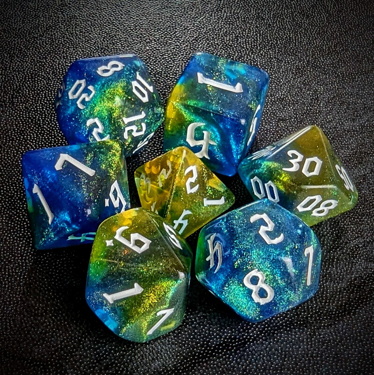 Glitter in Blue & Yellow Acrylic - 7pcs RPG Full Dice Set Top