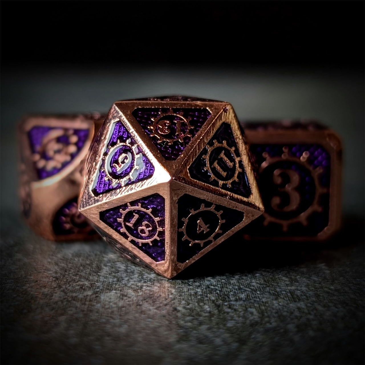 Gear in Purple Enamel Copper Metal - 7pcs RPG Dice Set