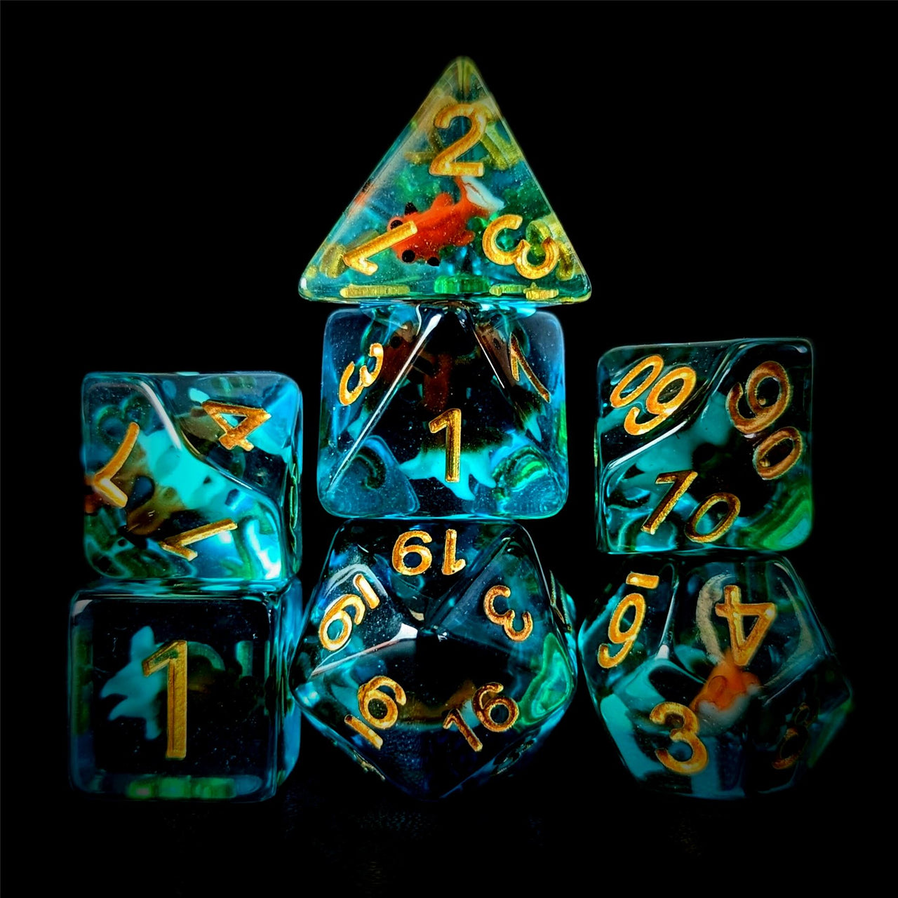 Goldfish in Clear & Blue Resin - 7pcs RPG Full Dice Set