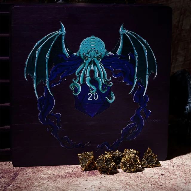 Purple Cthulu D20 on Bamboo Wood - Magnetic Dice Storage