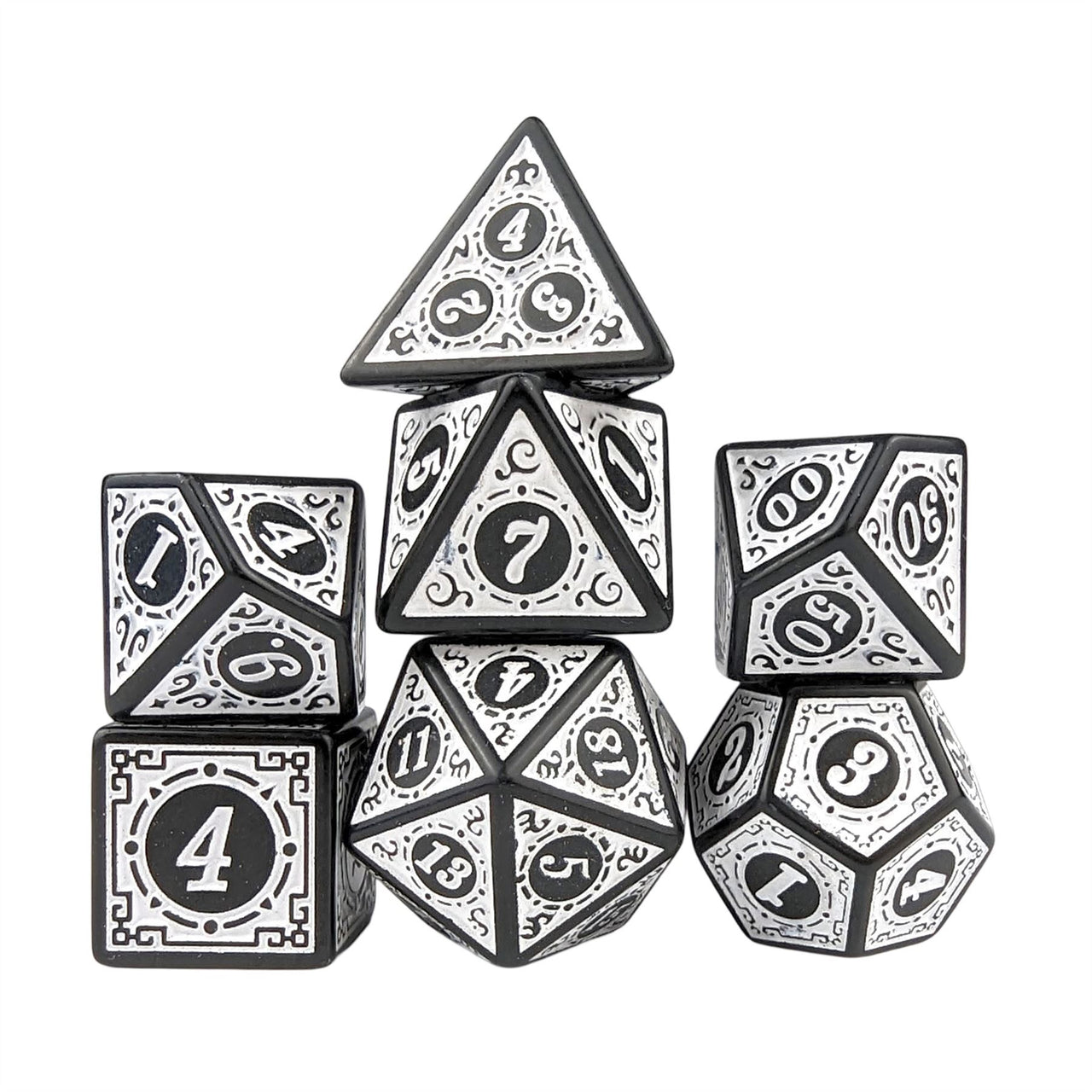 White Lattice on Black Acrylic - 7pcs RPG Full Dice Set White Stack