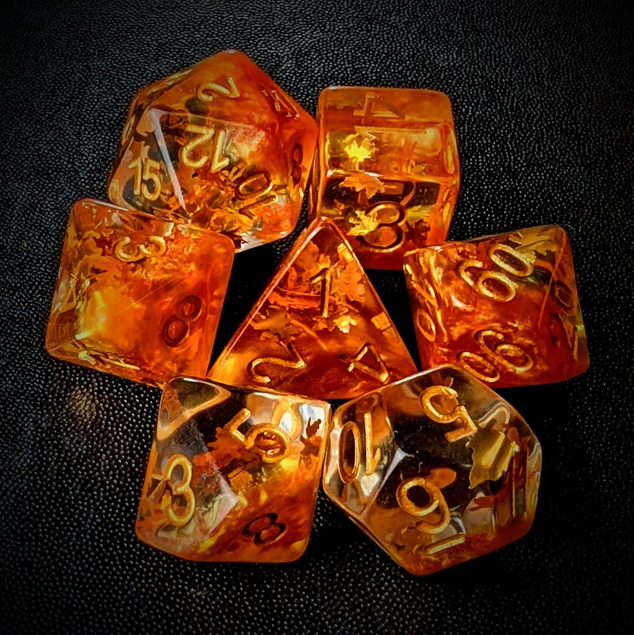 Leaves in Clear & Orange Resin - 7pcs RPG Full Dice Set