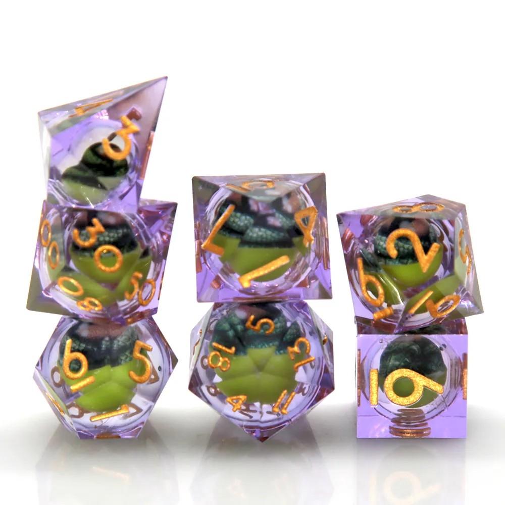 Green Dragon Eye Ball in Clear & Purple Filled Sharp Resin - 7pcs RPG Dice Set