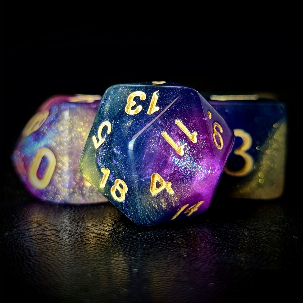 Glitter in Purple & Blue Acrylic - 7pcs RPG Full Dice Set Close