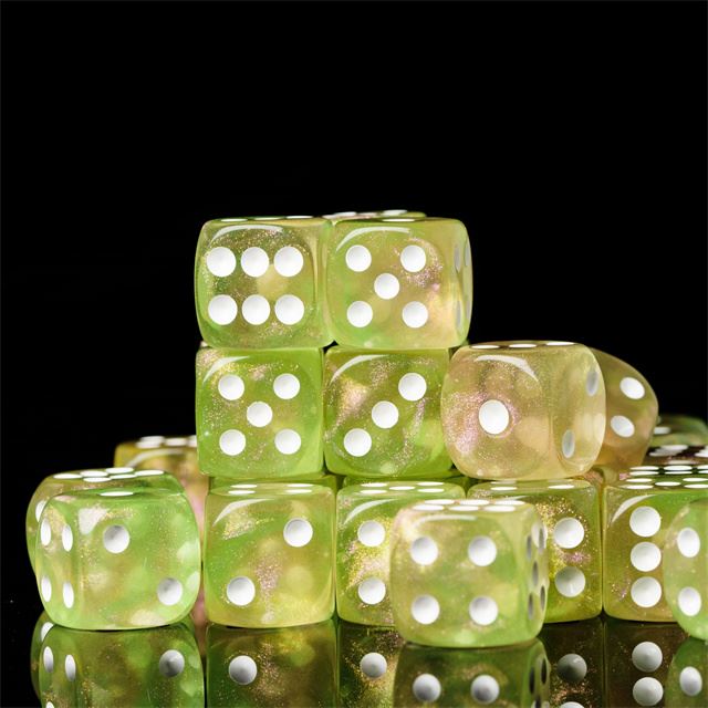 16mm Yellow & Green Acrylic with Glitter - 6pcs D6 RPG Dice Set