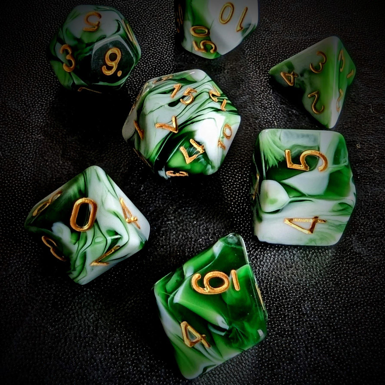 Blend of White & Green Acrylic - 7pcs RPG Full Dice Set Scatter