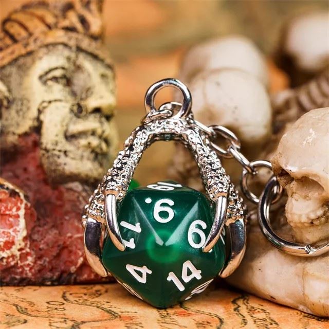 Silver & Green Acrylic in Metal Claw - D20 Keyring