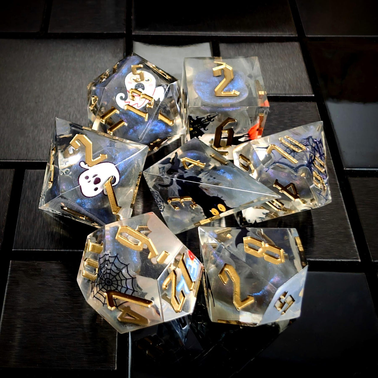 Halloween Spooky in Grey Filled Sharp Resin - 7pcs RPG Dice Set