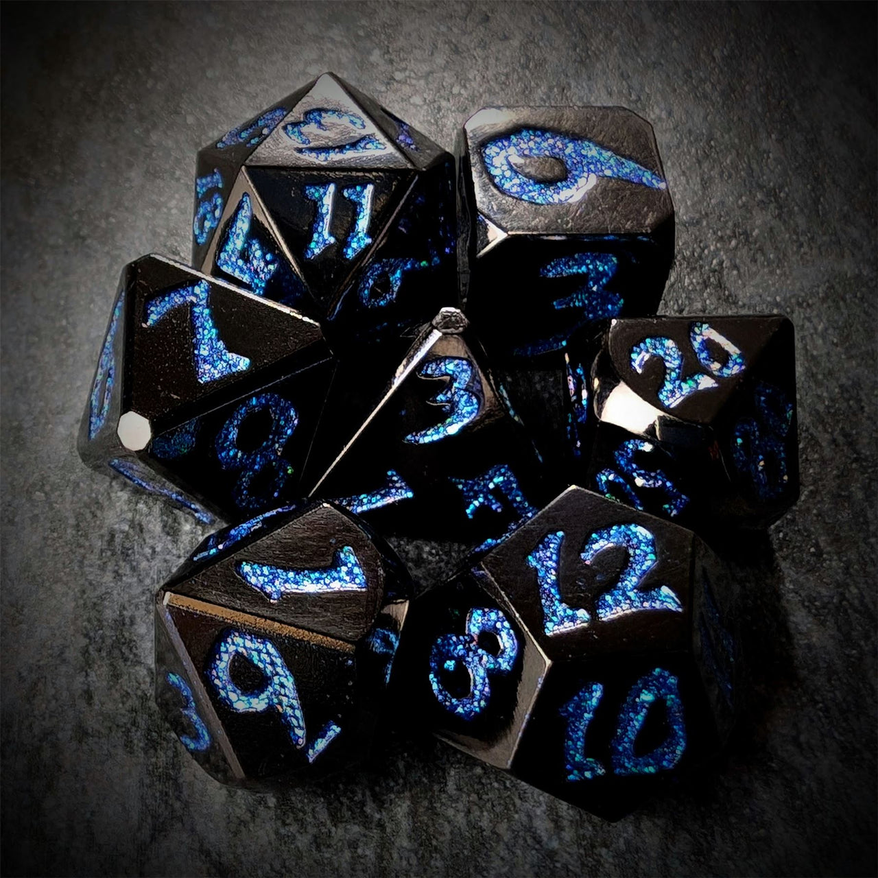 Blue Font in Black Metal - 7pcs RPG Dice Set