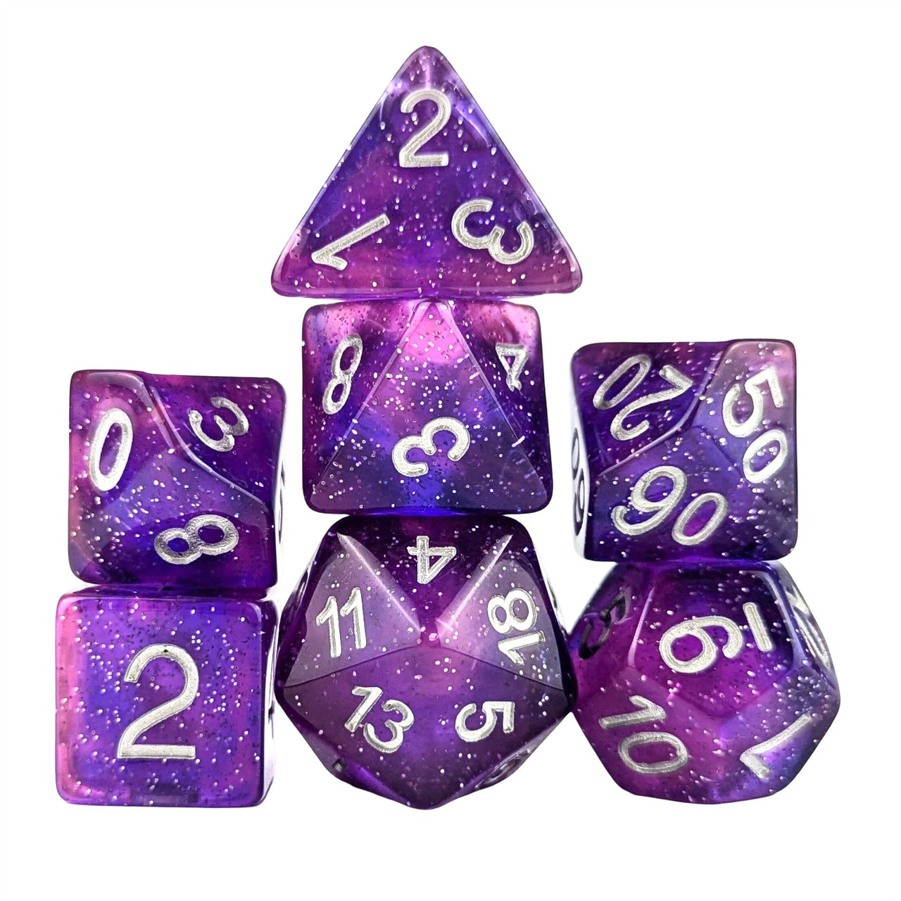 Glitter in Purple & Pink Resin - 7pcs RPG Full Dice Set