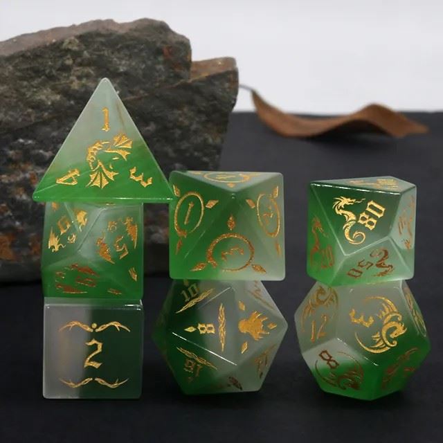 Dragon on Green and White Glass - 7pcs RPG Dice Set