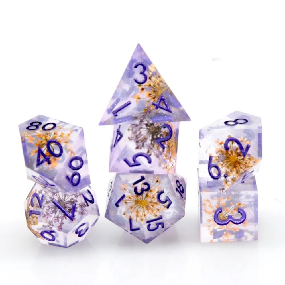 Flower in Yellow & Purple Filled Sharp Resin - 7pcs RPG Dice Set