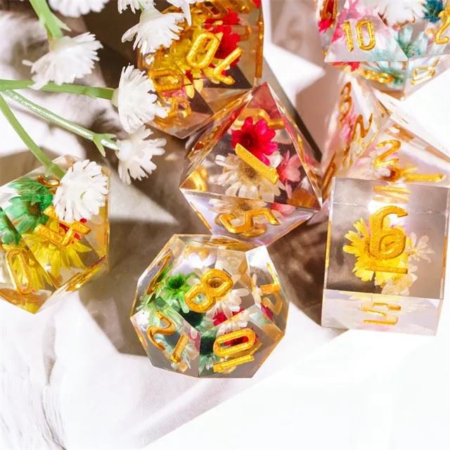 Multicolour Flowers in Clear Filled Sharp Resin - 7pcs RPG Dice Set