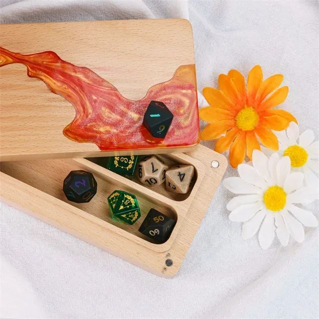 Orange Resin on Beech Wood - Magnetic Dice Storage