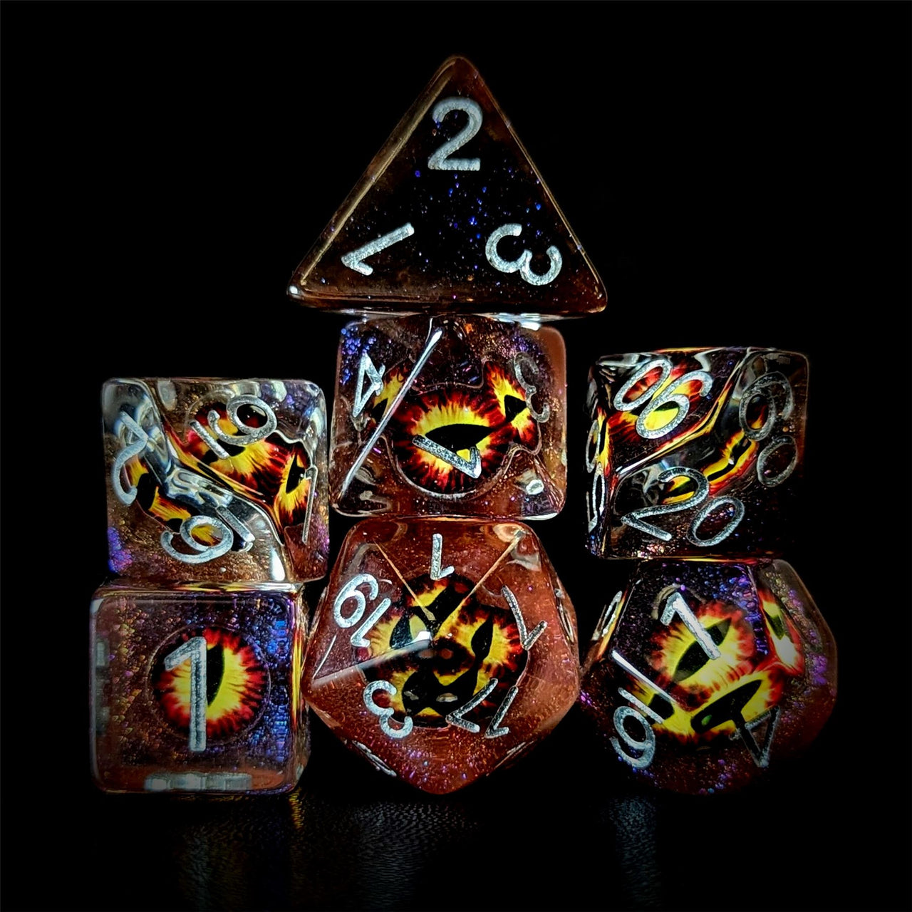 Demon Eye in Clear Orange & Brown Resin - 7pcs RPG Full Dice Set