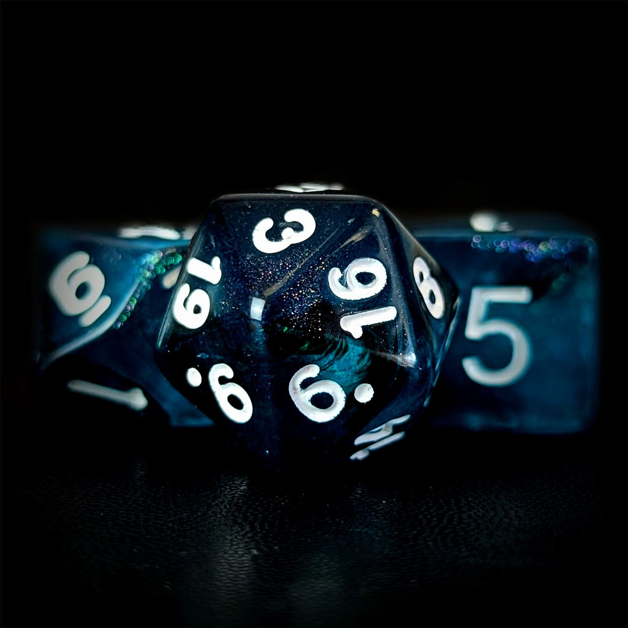 Glitter in Blue & Black Acrylic - 7pcs RPG Full Dice Set Close