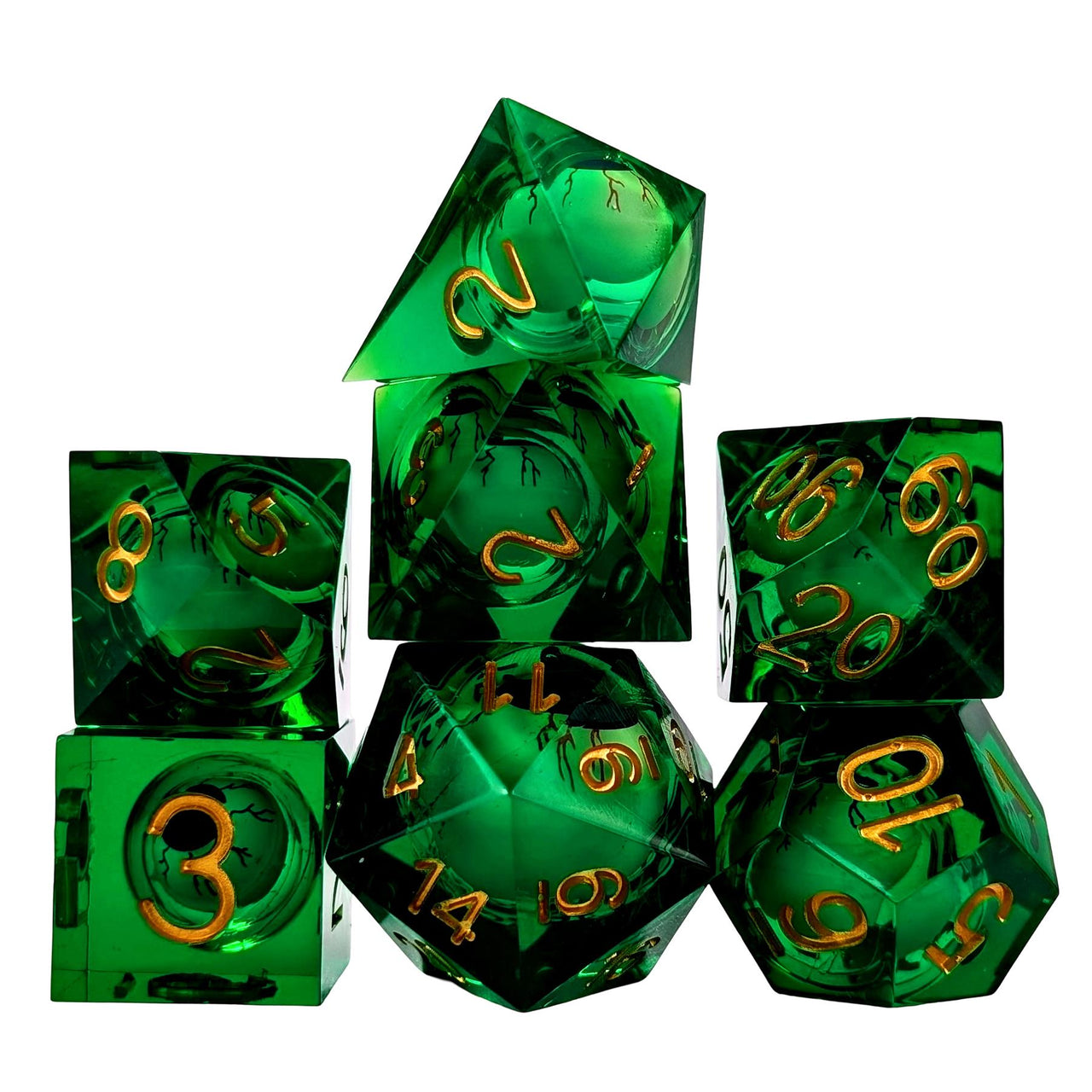 Green Eye Ball in Clear & Blue Liquid Filled Sharp Resin - 7pcs RPG Dice Set