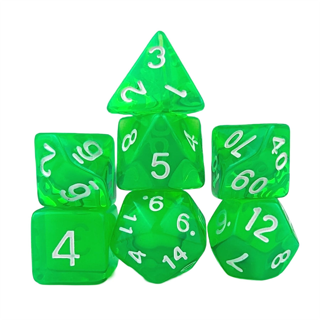 Clear Green Acrylic - 7pcs RPG Full Dice Set White Stack