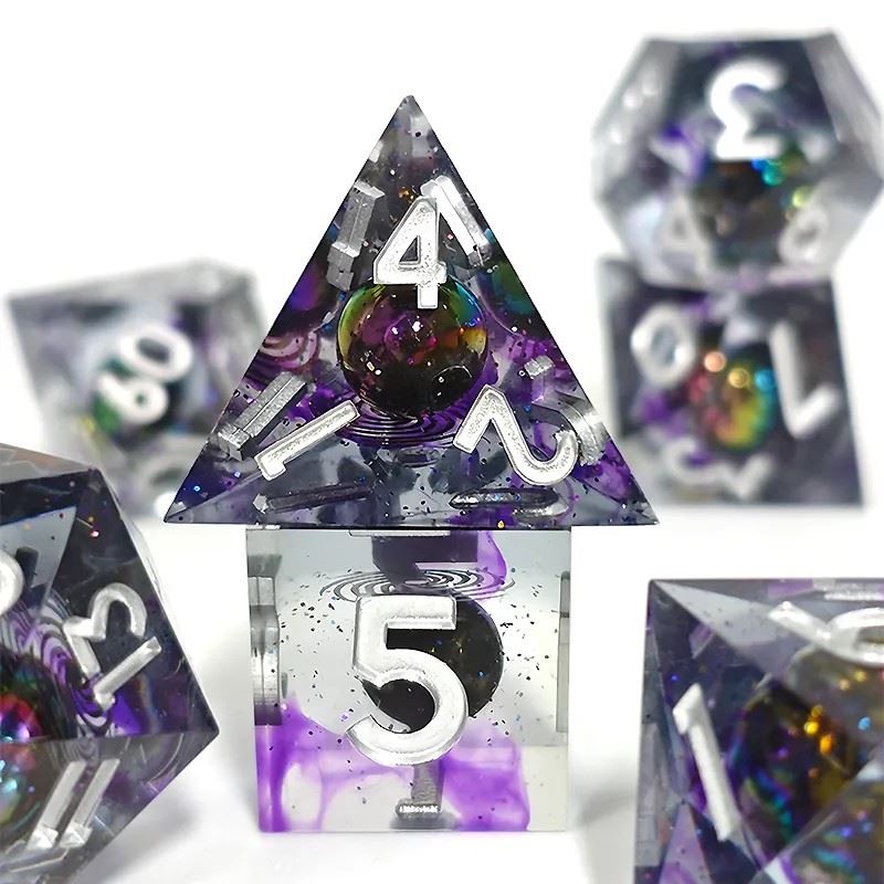 Bead Swirl in Purple & Clear Filled Sharp Resin - 7pcs RPG Dice Set