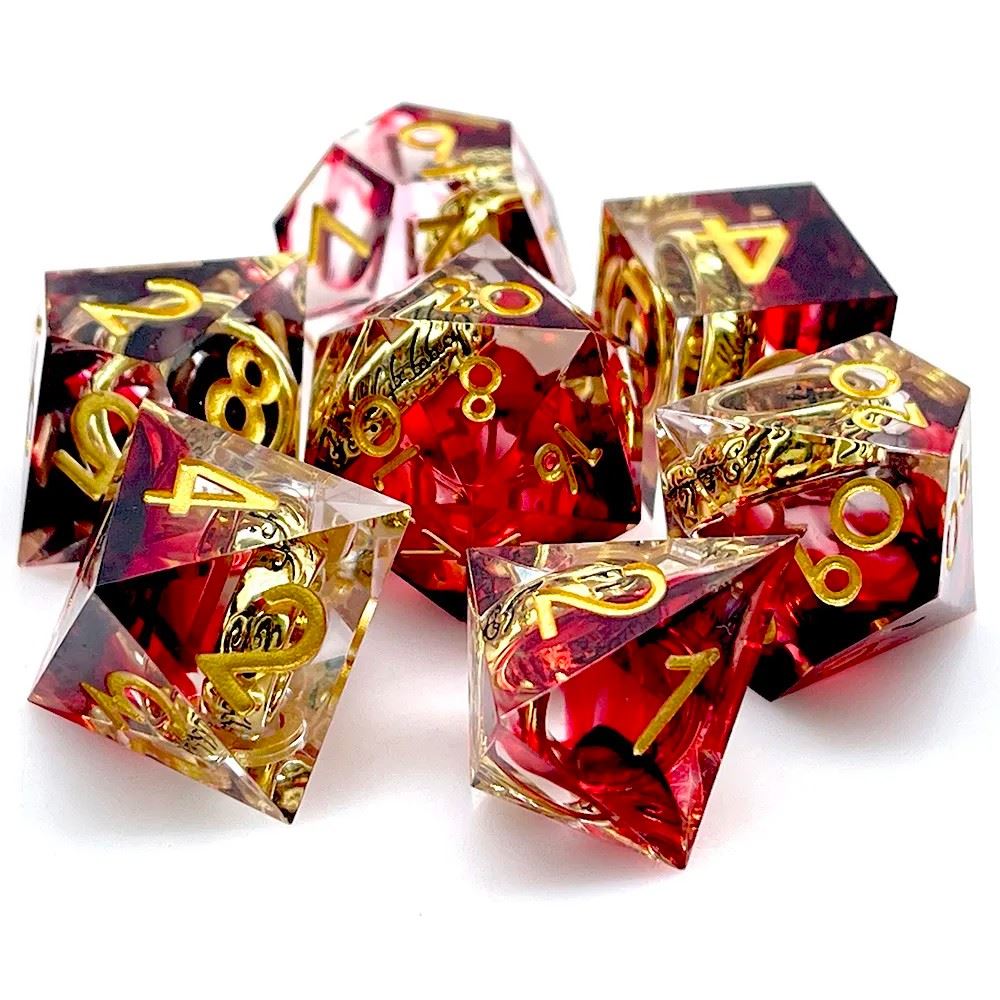 Gold Ring in Red & Clear Filled Sharp Resin - 7pcs RPG Dice Set