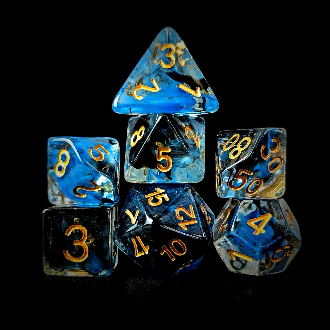 Blue & Black Swirl in Clear Resin - 7pcs RPG Full Dice Set