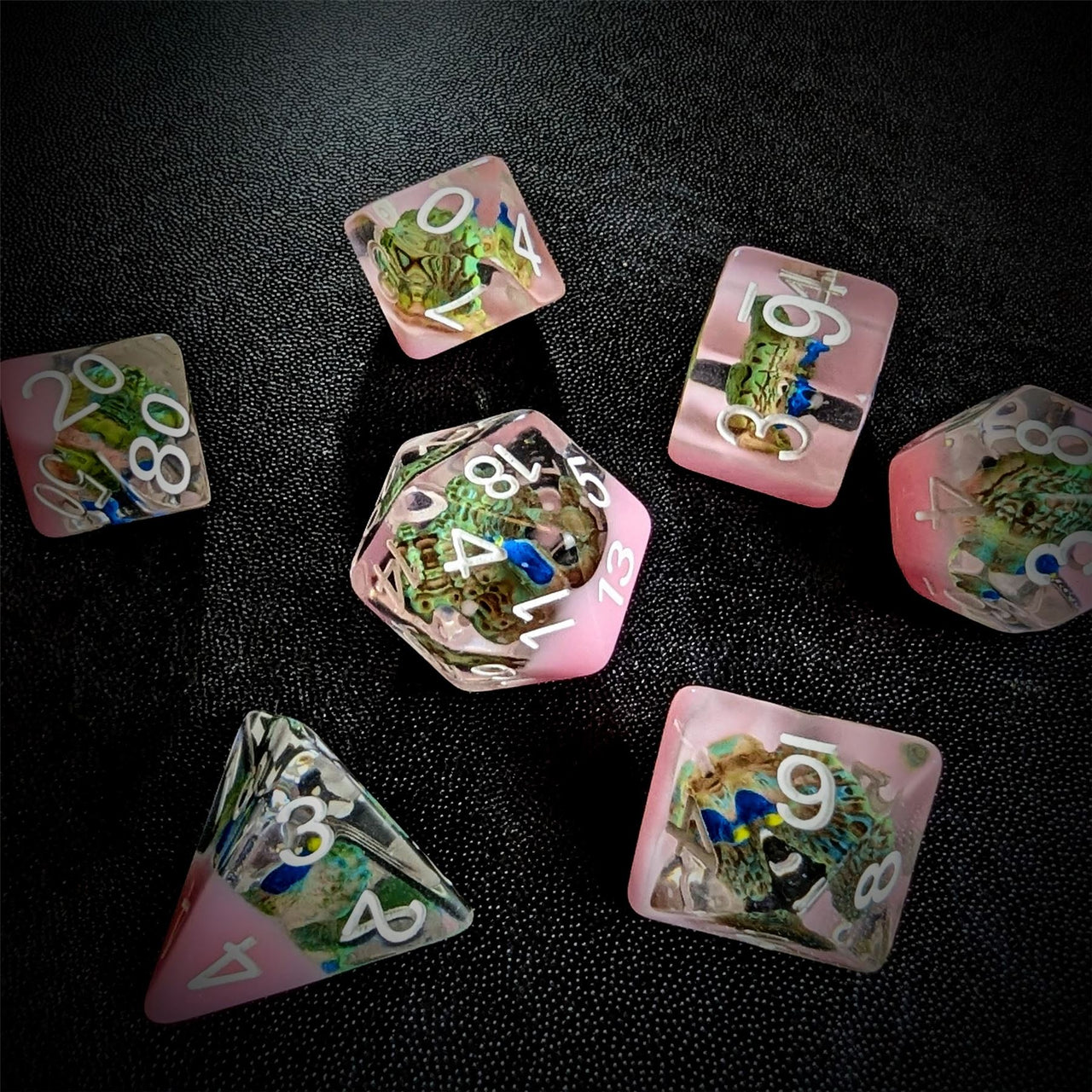 Peacock in Clear & Pink Resin - 7pcs RPG Full Dice Set