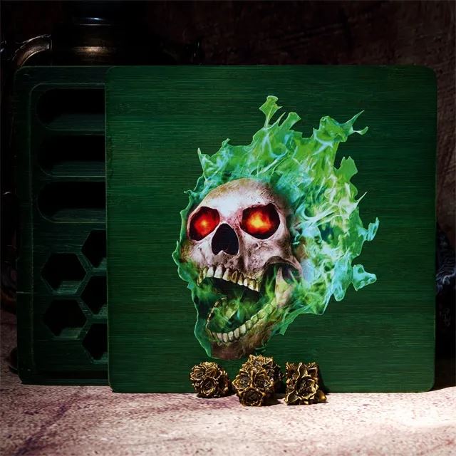 Green Skull on Bamboo Wood - Magnetic Dice Storage