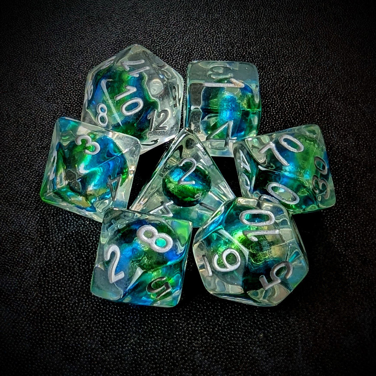 Blue & Cyan Bead in Clear Resin - 7pcs RPG Full Dice Set