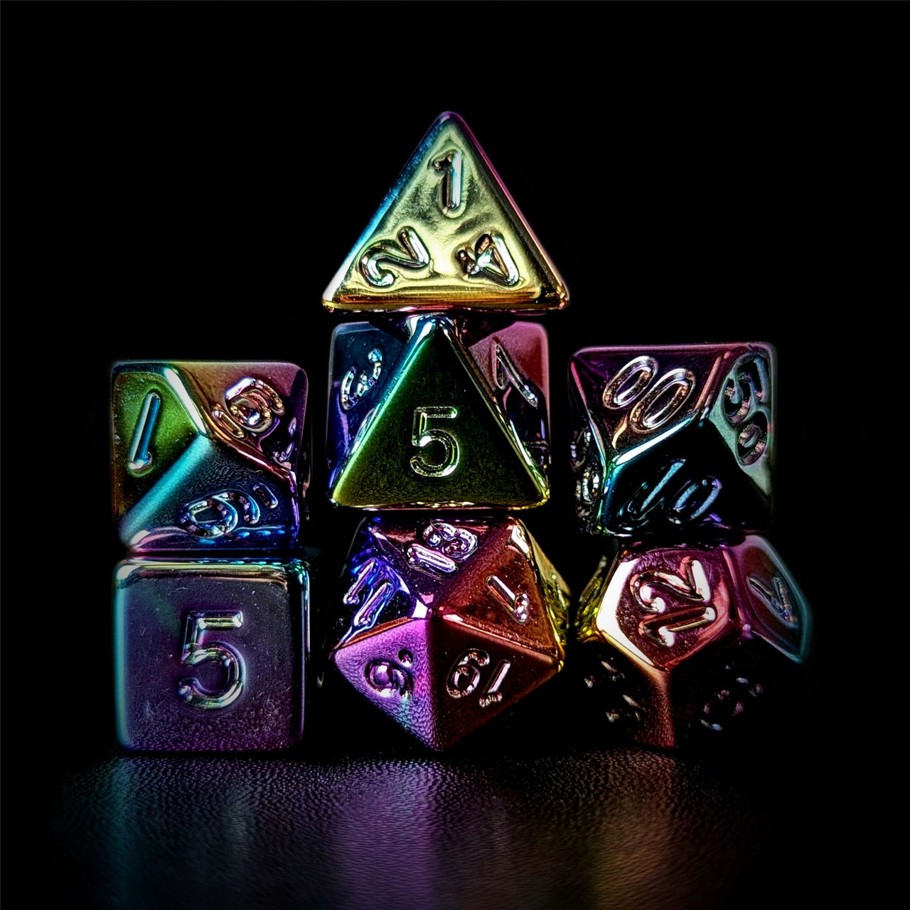 Pink, Blue & Yellow Metallic Acrylic - 7pcs RPG Dice Set