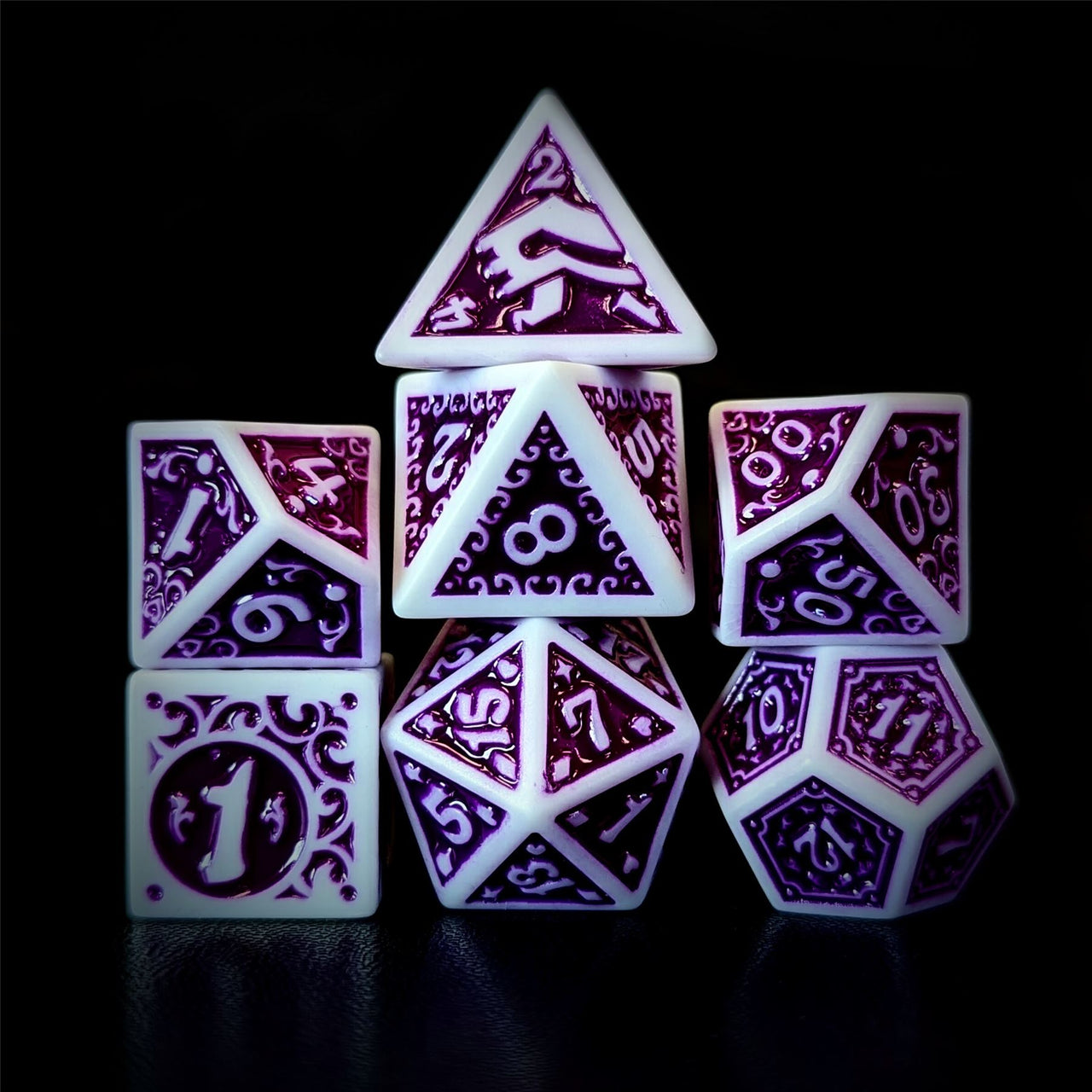 Purple Vines on White Acrylic - 7pcs RPG Full Dice Set Dark Stack