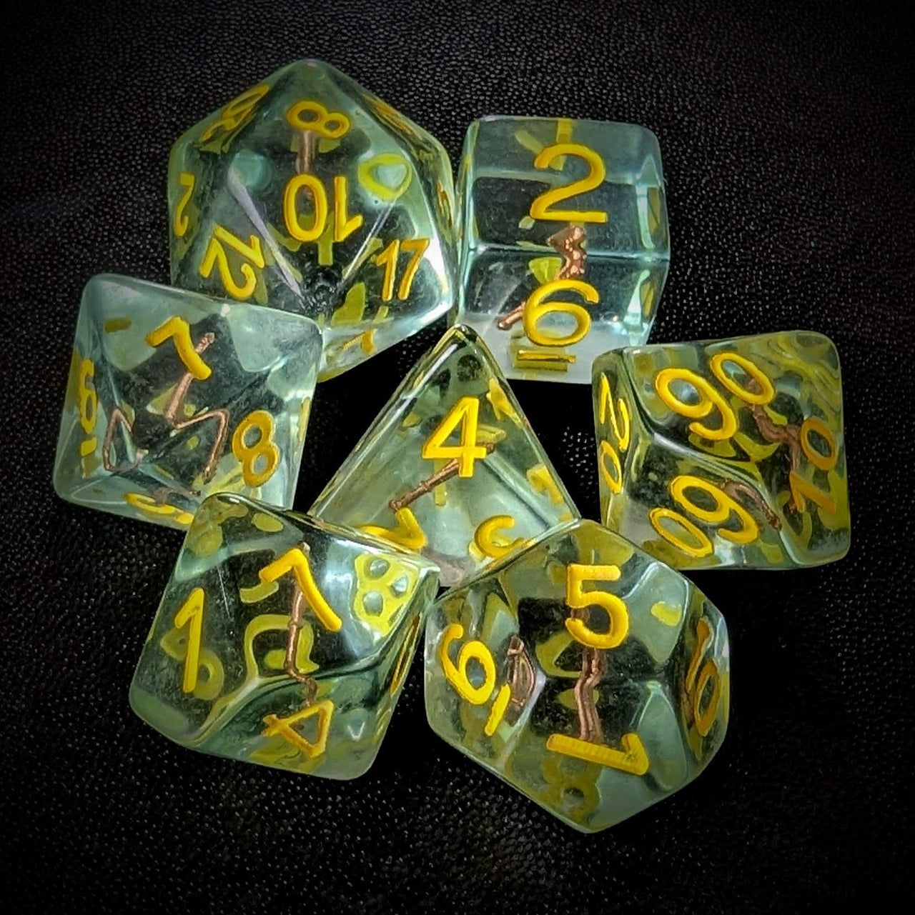 Mace in Clear & Green Resin - 7pcs RPG Full Dice Set