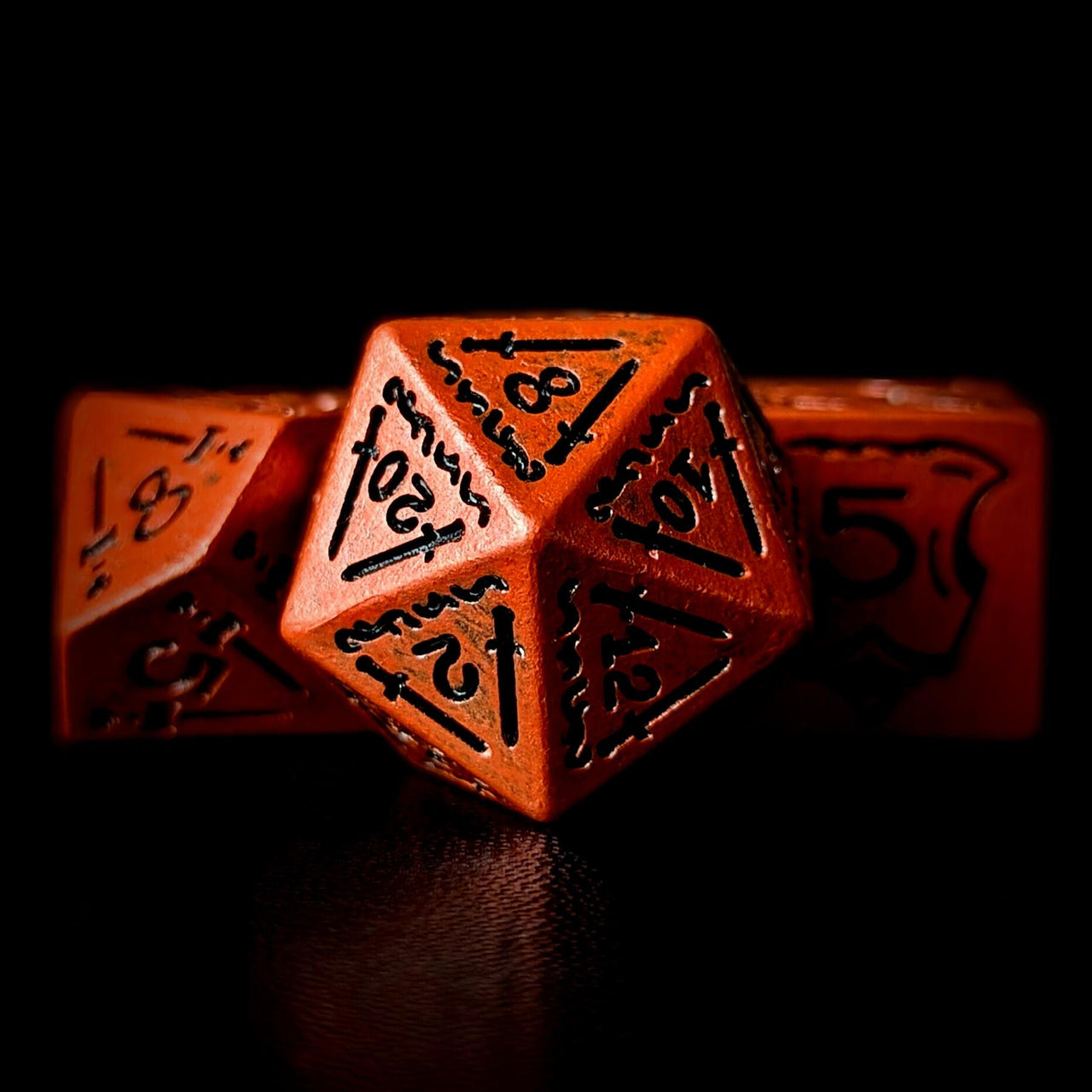 7pcs RPG Full Dice Set - Black Pattern on Red Resin