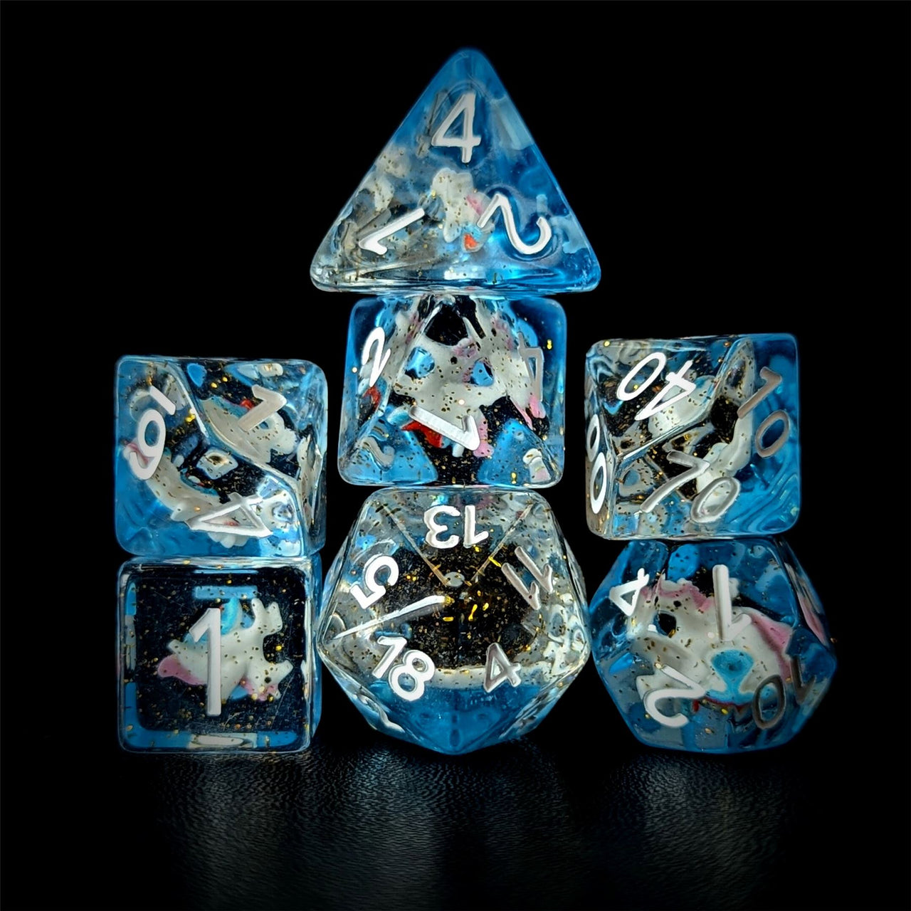 Unicorn in Clear & Blue Resin - 7pcs RPG Full Dice Set