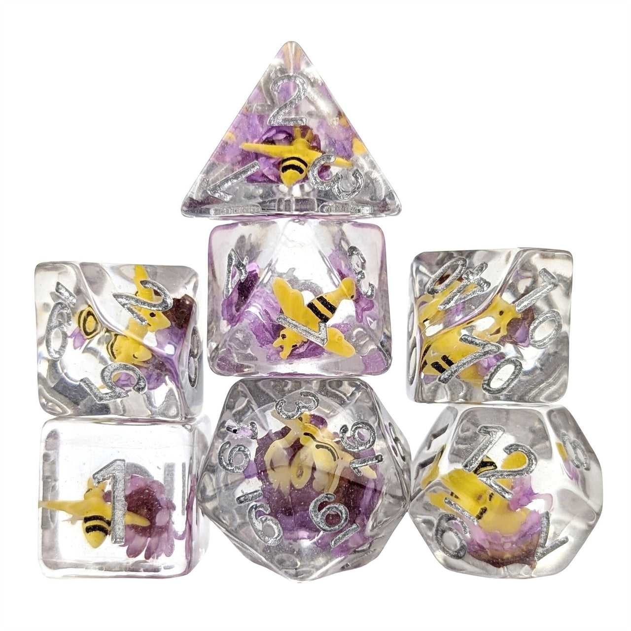 Bumble Bee in Clear Resin - 7pcs RPG Full Dice Set